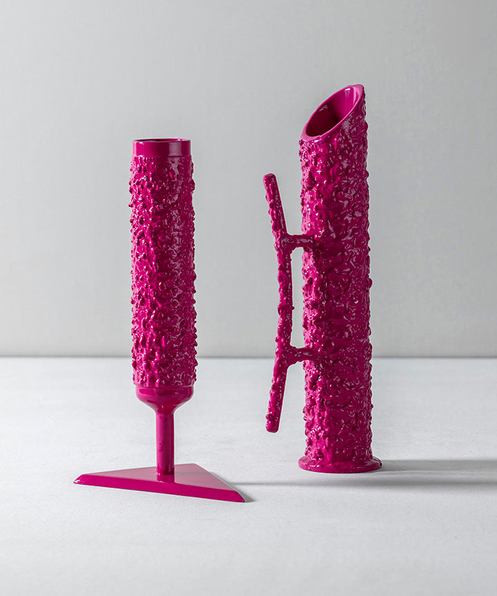 Liquid Iron Vases | Pair of cast iron and chrome brutalist vases coated in a custom high gloss urethane-based paint.