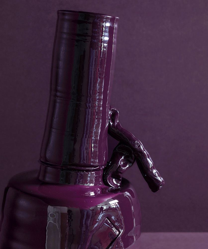 BRUTALIST VESSEL | 1970s brutalist ceramic vase coated in a custom high gloss urethane-based paint on purple background.