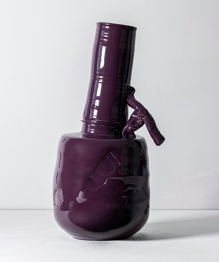 BRUTALIST VESSEL | 1970s brutalist ceramic vase coated in a custom high gloss urethane-based paint on white background.