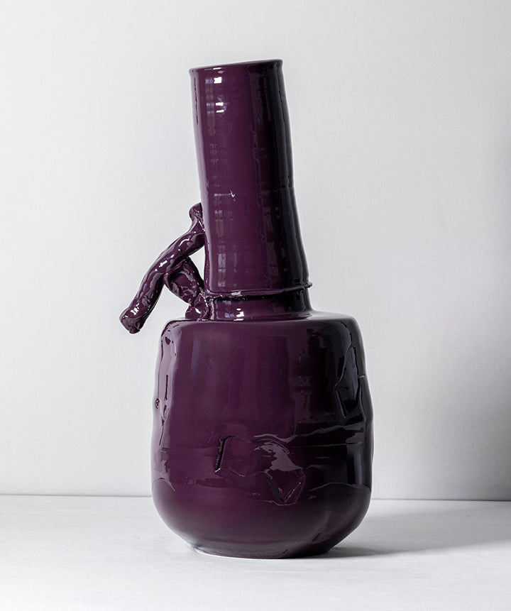 BRUTALIST VESSEL | 1970s brutalist ceramic vase coated in a custom high gloss urethane-based paint on white background.