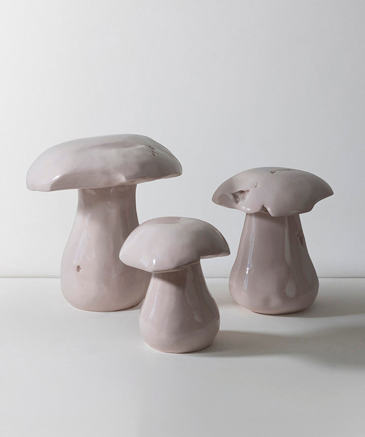 XL Wild Mushrooms | Trio of solid teak wood mushrooms lacquered in a bespoke color by Fine Paints of Europe.